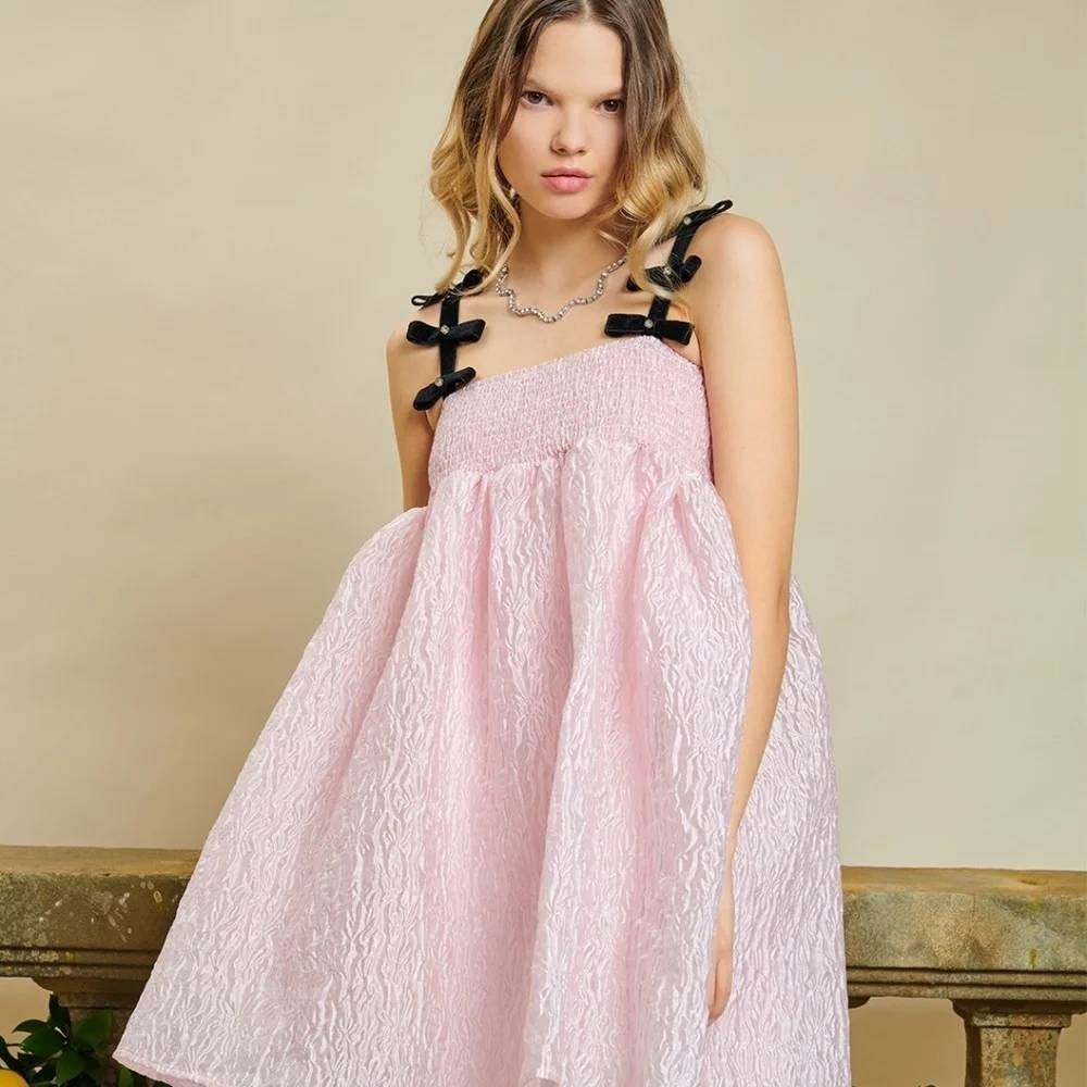 DREAM Sister Jane Souvenir Bow Mini Dress S NWT Pink Babydoll Rhinestone Velvet